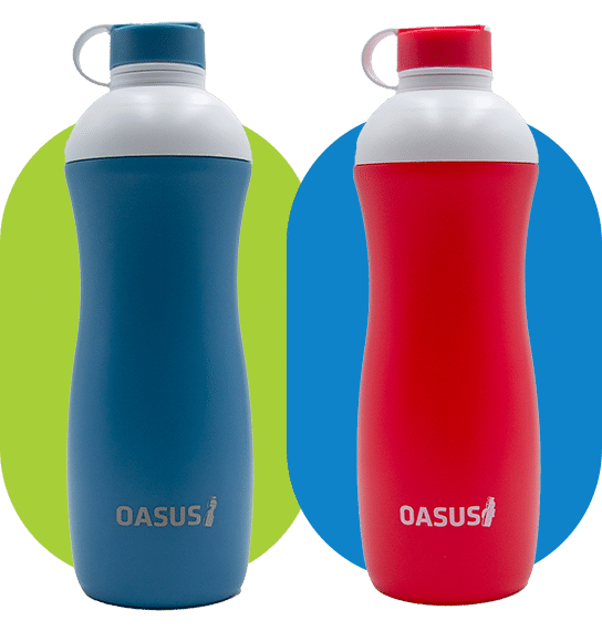 Oasus bottle, blue and red with the logo