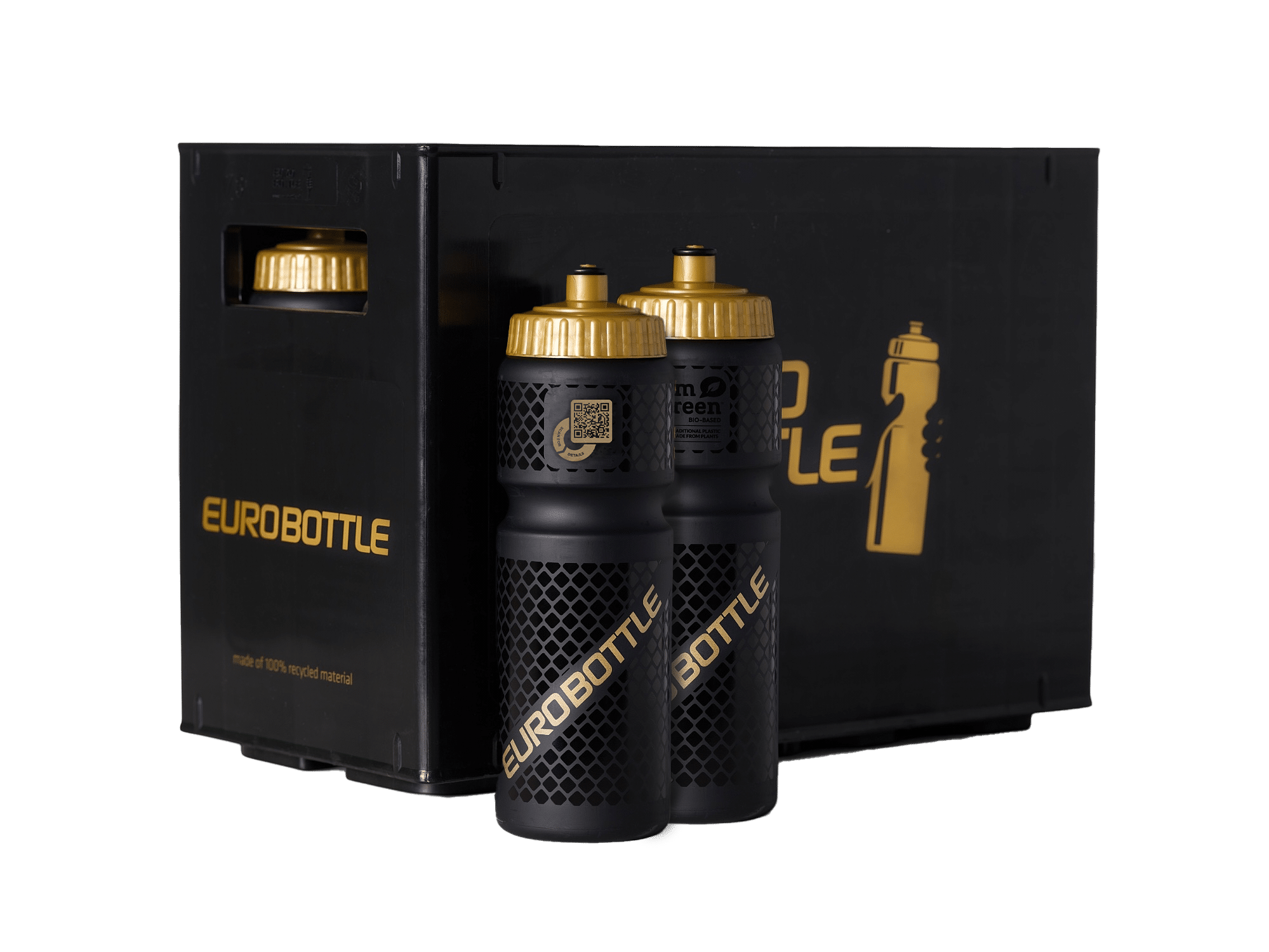 Twee zwarte Eurobottle bidons met goudkleurige dop voor een zwarte krat met Eurobottle-logo